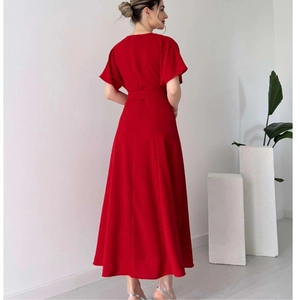 Elegant red maxi dress with ruffled short sleeves and high waist belt for women