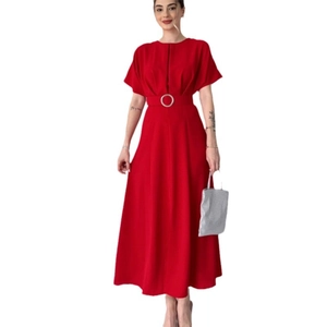 Elegant red short sleeve maxi dress with pleated bodice and metallic buckle belt