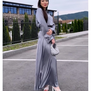 Elegant silver grey satin long sleeve maxi dress and high waist skirt set for women