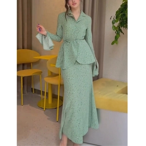 Eleganter Blumendruck Langarm Top Und Maxirock Outfit Für Damen Glockenärmel Bindegürtel Sommer Herbst Zweiteiler Anzug