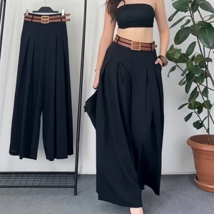 Women high waist wide leg black trousers with pleated details and brown belt