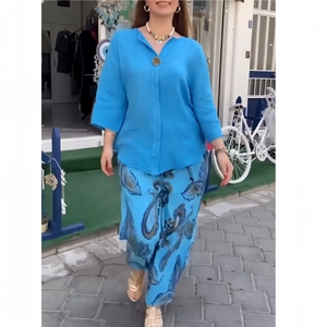 Tenue Deux Pièces Femme Décontractée Style Coton Lin Chemise Col V Manches Longues Et Pantalon Large Imprimé Paisley Vacances