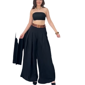 Women's chic black tube top and high waist wide leg trousers with brown belt set
