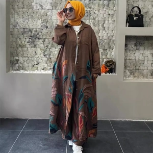 Women's loose long cardigan with abstract leaf print and matching wide leg pants set