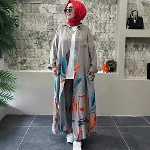 Women's 3-piece floral print long cardigan and wide-leg trousers set in grey
