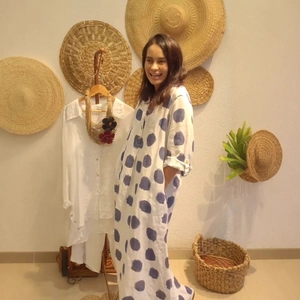 Women's loose cotton linen maxi dress with navy polka dots in a bohemian style