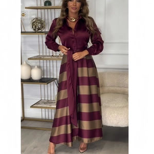 Robe Maxi Femme Élégante en Satin Faux Deux Pièces Manches Longues Robe Chemise Rayée Avec Ceinture Mode Soirée