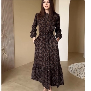 Vintage Monogram Print Maxi Shirt Dress Long Sleeve Drawstring Waist Elegant Stand Collar Single Breasted Long Dress Women