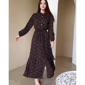 Elegant long sleeve maxi dress with geometric J-letter print and drawstring waist