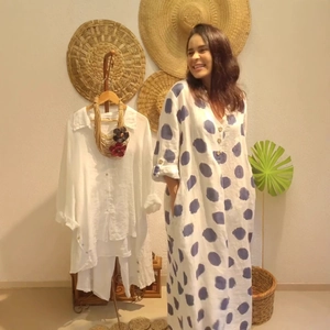 Women Casual Polka Dot Maxi Dress V Neck Long Sleeve Loose Cotton Linen Blend Vacation Boho Long Sundress