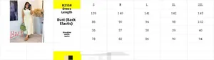 Size guide for white sleeveless maxi dress showing bust, waist and length measurements
