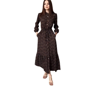 Elegant long sleeve brown midi dress with geometric print, waist tie and button front