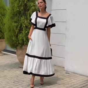 Elegant Patchwork Square Neck Maxi Dress Butterfly Sleeve Contrast Color High Waist Slim Long Dress For Women Office Party