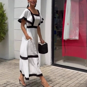 Elegant square neck midi dress in white with black trim and stylish cap sleeves
