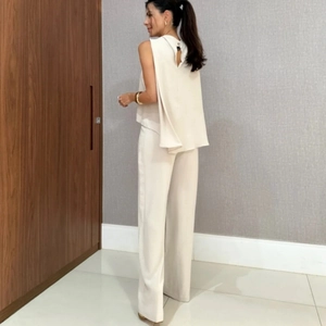 Women's two-piece cream sleeveless top and high-waist wide-leg pants fashion set