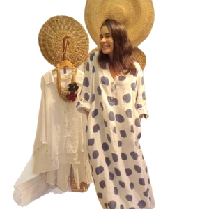 Bohemian loose cotton linen white maxi dress with purple polka dots and button detail