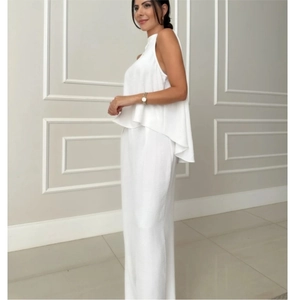 Women's white sleeveless tiered top and high-waist wide-leg trousers two-piece set