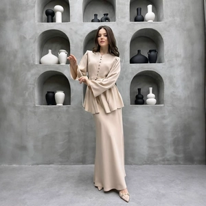 Elegante Completo in Raso Donna Top e Gonna Lunga Peplo Camicetta a Maniche Lunghe e Gonna Maxi per Ufficio e Feste