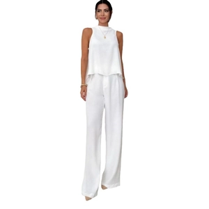 Women's white sleeveless high-neck top and wide-leg pants elegant two-piece set