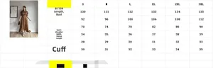 Size chart for floral satin long dress showing detailed measurements for S to 3XL sizes