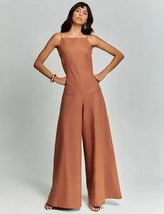 Brown sleeveless wide-leg jumpsuit with spaghetti straps and cotton linen texture