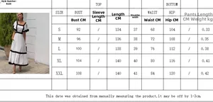 Size chart showing bust, waist, and length measurements for black and white maxi dress