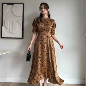 Women Elegant Satin Floral Print Maxi Dress Puff Sleeve Mock Neck Tie Back Waist A-Line Long Party Dress