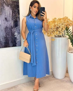 Detail of blue sleeveless midi shirt dress with button-front and matching waist tie