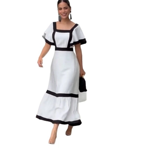 Elegant square neck black and white color block dress with ruffled sleeves and slim fit