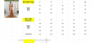 Size chart for women two-piece pleated tank top and wide-leg trousers fashion set