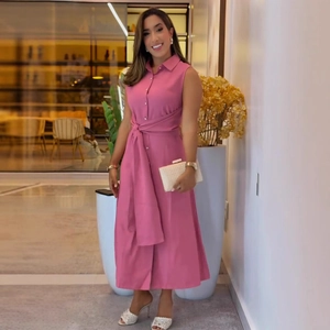 Elegant sleeveless pink midi shirt dress with lapel collar and waist tie for women