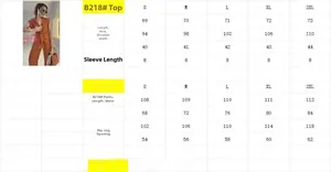 Tableau des tailles pour ensemble deux pièces chemise manches courtes et pantalon