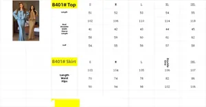 Detailed size chart for elegant long sleeve top and midi skirt set from S to 2XL