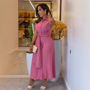 Elegant sleeveless pink shirt dress with waist tie and lapel collar for women