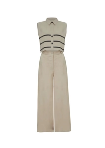 Detail of beige two-piece set with striped sleeveless shirt and high-waist wide-leg pants