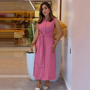 Elegant rose pink sleeveless button-up midi dress with collar and waist tie belt