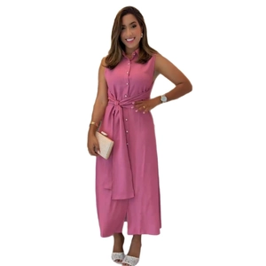 Elegant sleeveless button-down midi dress with waist tie and side slits in dusty rose