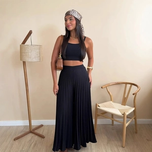 Women's 2-piece set featuring a black tank top and high-waisted pleated wide-leg pants