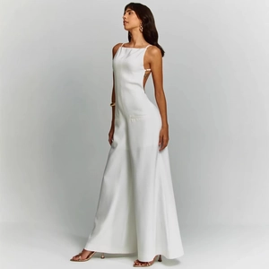 Sleepless white backless wide leg jumpsuit with thin straps and decorative pockets