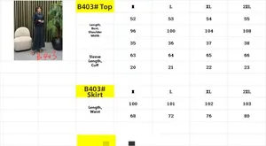 Detailed size chart for elegant long sleeve top and maxi skirt two-piece set for women