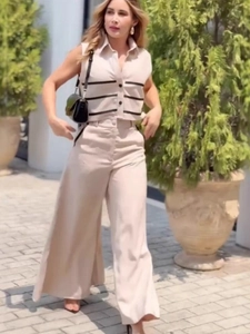 Women Fashion Contrast Stripe Sleeveless Vest Top And Wide Leg Pants Suit Lapel Button Casual Outfit High Waist Top And Bottom