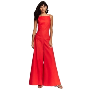 Sexy red wide-leg jumpsuit for women with square neck and slim fit waist design