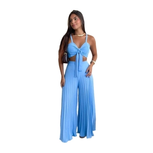 Light blue two-piece set featuring pleated crop camisole and high-waist wide-leg trousers
