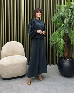 Elegant dark grey long sleeve set with stand collar, ruffled details, and silky texture