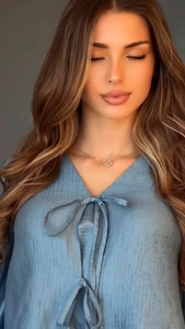 Detailed view of a gold clover necklace paired with a blue bow-tie ruffled blouse