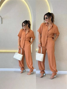 Women Casual Pleated Two Piece Set Lapel Short Sleeve Button Shirt Wide Leg Pants Solid Color Vacation Lounge Suit