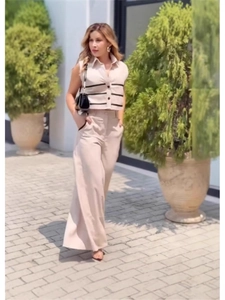 Women's 2-piece set with striped sleeveless vest and high-waist wide-leg pants