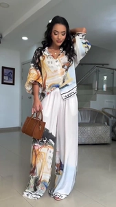 Artistic landscape print on blouse and wide-leg trousers set with calligraphy details