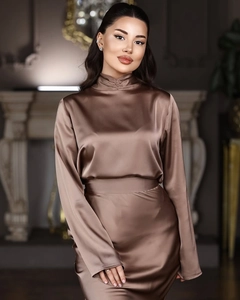 Detailed view of coffee brown satin long-sleeve set with elegant high neck pleats