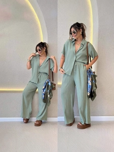 Women's pleated short sleeve shirt and wide-leg pants set in light olive green